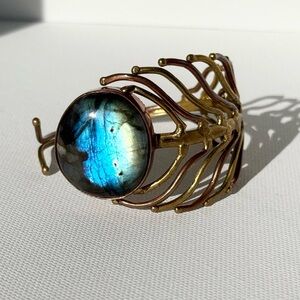 Brutalist brass and copper and Labradorite peacock feather cuff bracelet.